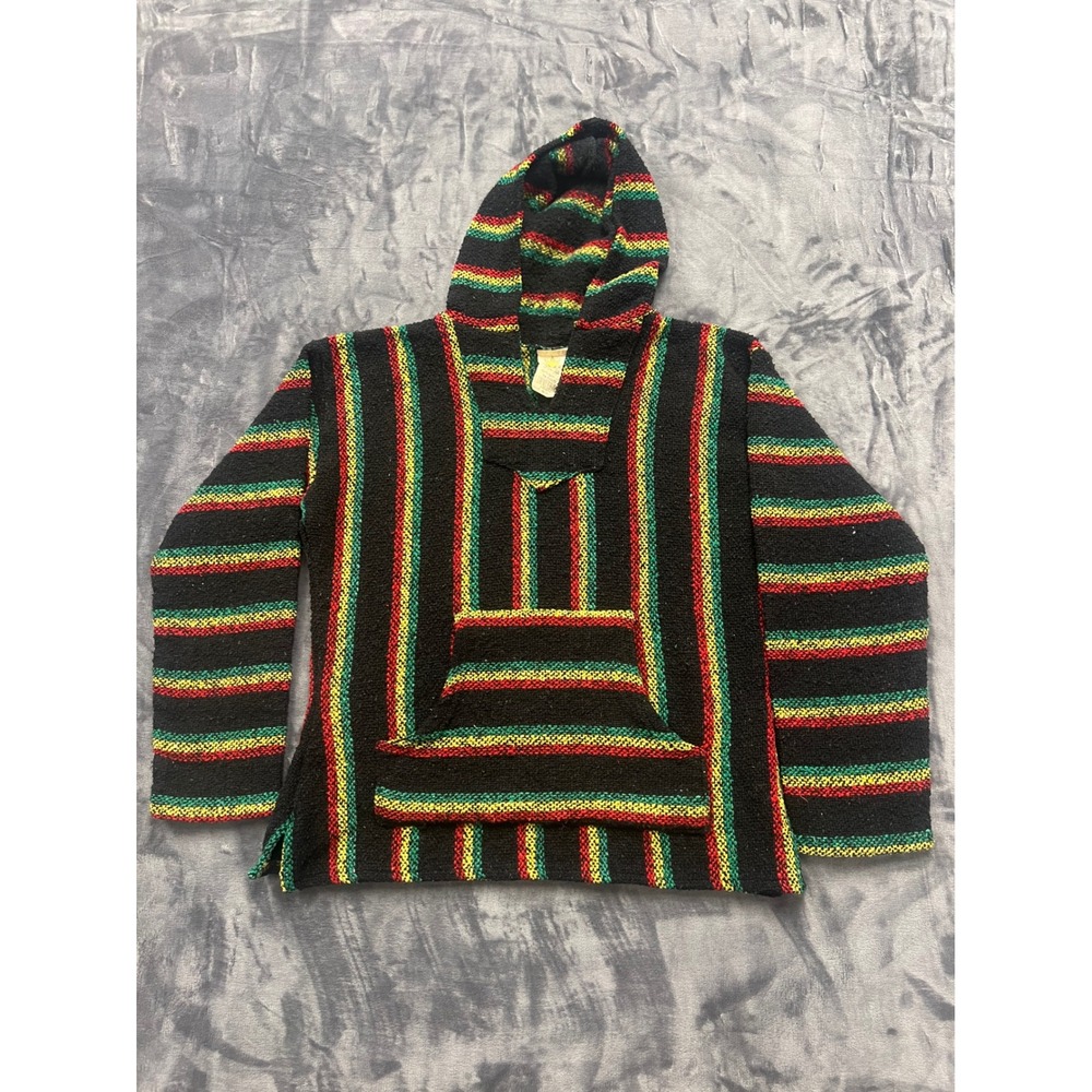 Sunspecs Baja Hoodie Mens Medium Black Rasta Stripe Mexican‎ Blanket Pullover